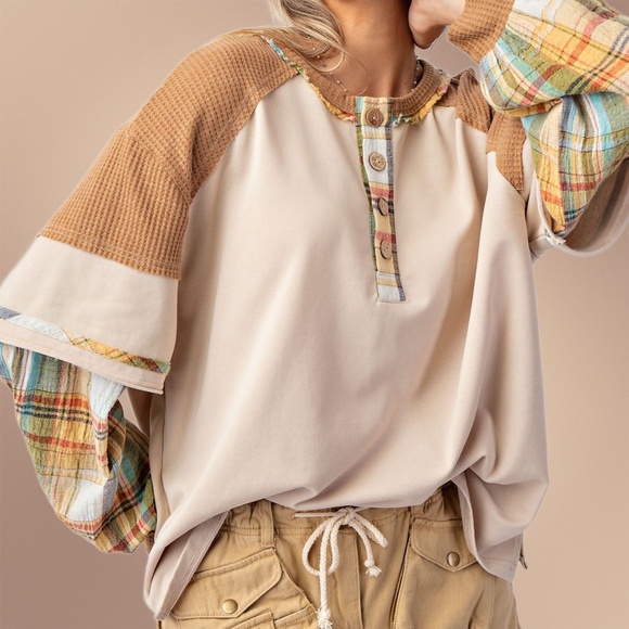 EASEL "Alabama Top - Talladega" Loose Fit Henley Layered Look Mineral Washed Top - Picture 5 of 14